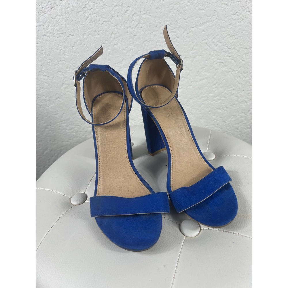 Royal Blue Faux Suede Block Heel Ankle Strap Sandals Womens Size 10